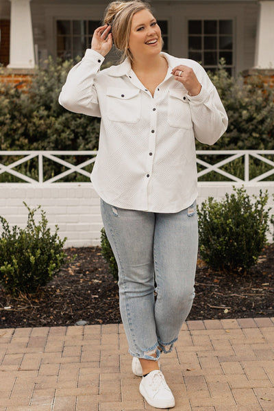 Beige Plus Size Textured Flap Pockets Jacket-Plus Size-MomFashion