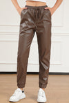 Brown Leather Tie Waist Jogger Pants-Bottoms-MomFashion