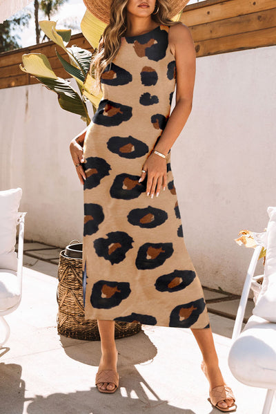 Leopard Split Open Back Sleeveless Maxi Dress-Dresses-MomFashion