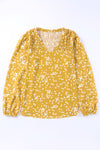 Yellow Split Neck Fall Printed Crinkled Blouse-Tops-MomFashion