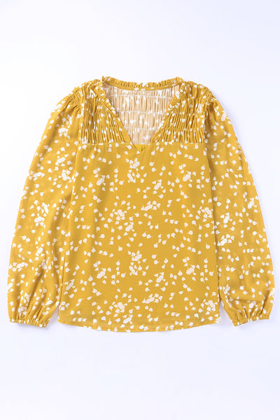 Yellow Split Neck Fall Printed Crinkled Blouse-Tops-MomFashion