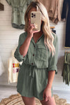 Jungle Green Roll up Sleeve Flap Pockets Drawstring Playsuit-Bottoms-MomFashion