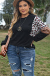 Black Leopard Sequin Patch Plus Size Long Sleeve Top-Plus Size-MomFashion