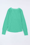 Green Trimmed Neckline Waffle Knit Henley Top-Tops-MomFashion