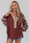 Fiery Red Floral Plaid Mixed Print Bishop Sleeve Patchwork Top-Tops-MomFashion