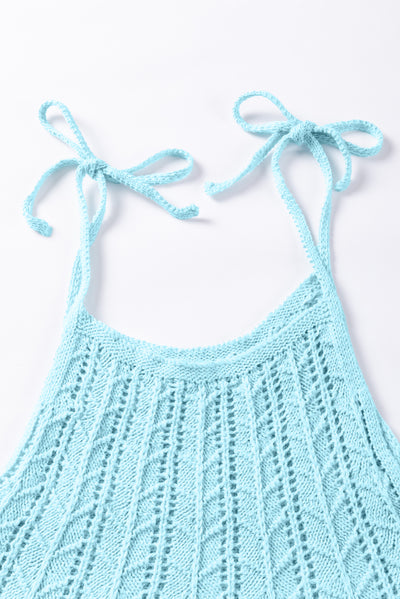 Beau Blue Tied Shoulder Pointelle Knit Tank Top-Tops-MomFashion