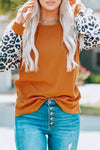 Brown Leopard Sequin Patchwork Long Sleeve Top-Tops-MomFashion