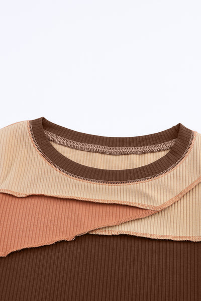 Brown Expose Seam Color Block Ribbed Knit Top-Tops-MomFashion