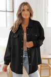 Black Solid Textured Flap Pocket Buttoned Shacket-Outerwear-MomFashion