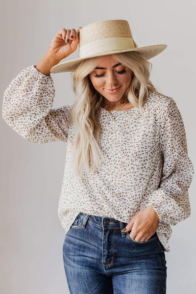 Leopard Crew Neck Long Sleeve Blouse-Tops-MomFashion