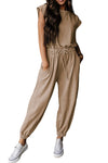 Light French Beige Cap Sleeve Open Back Drawstring Jogger Jumpsuit-Bottoms-MomFashion