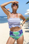 Blue Printed Smocked High waisted swimsuits-Swimwear-MomFashion