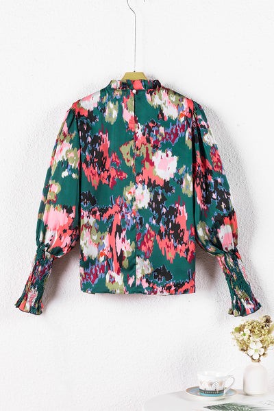 Green Abstract Print Smocked Cuffs Frilled Neck Blouse-Tops-MomFashion