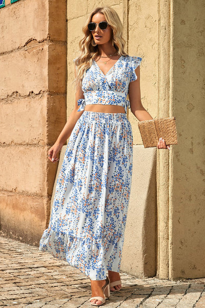 White Floral Ruffled Crop Top and Maxi Skirt Set-Dresses-MomFashion