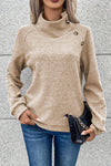 Apricot Asymmetric Buttons Detail High Neck Textured Sweatshirt-Tops-MomFashion