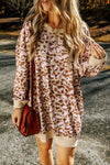 Parchment Leopard Print Side Pockets Long Sleeve Mini Dress-Dresses-MomFashion