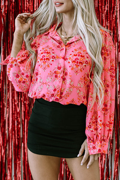 Strawberry Pink Aesthetic Floral Puff Sleeve Shirt-Tops-MomFashion