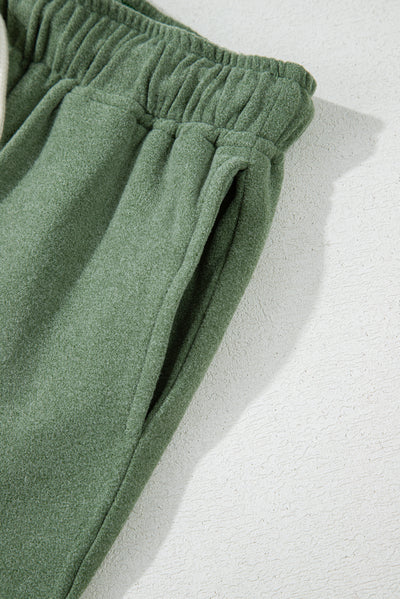 Green Fleece Two-piece Cropped Pullover and Shorts Set-Loungewear-MomFashion