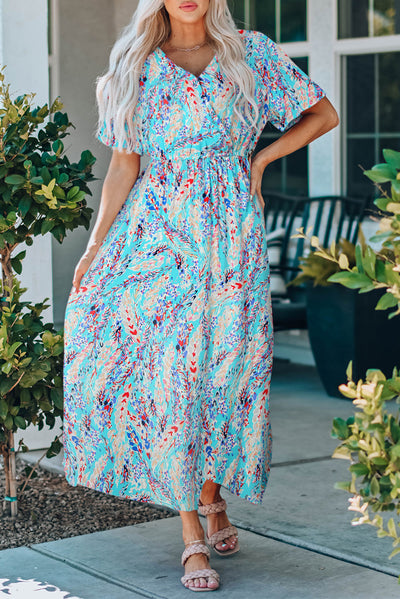 Green Wrap V Neck Floral Maxi Dress-Dresses-MomFashion