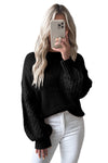 Black Cable Knit Sleeve Drop Shoulder Sweater-Tops-MomFashion