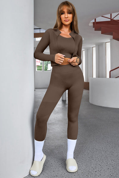 Brown Ribbed Knit 3pcs Sports Set-Activewear-MomFashion