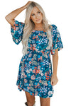 Blue Square Neck Ruffle Floral Dress-Dresses-MomFashion