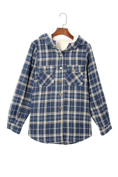 Blue Plaid Pattern Sherpa Lined Hooded Shacket-Outerwear-MomFashion