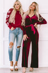 Fiery Red Velvet Pocketed Cut out Back Wide Leg Jumpsuit-Bottoms-MomFashion