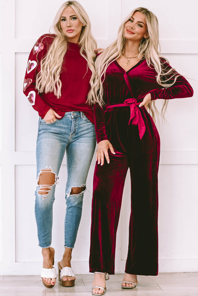 Fiery Red Velvet Pocketed Cut out Back Wide Leg Jumpsuit-Bottoms-MomFashion