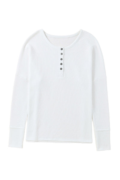 White Waffle Knit Henley Top-Tops-MomFashion