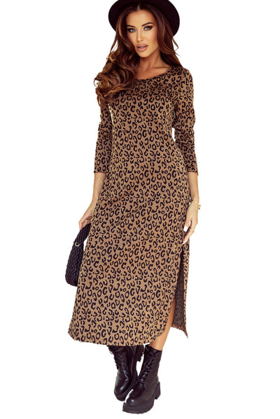 Leopard Round Neck Long Sleeve Split Dress-Dresses-MomFashion