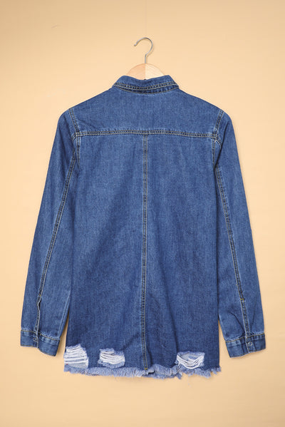 Blue Ripped Denim Jacket-Outerwear-MomFashion