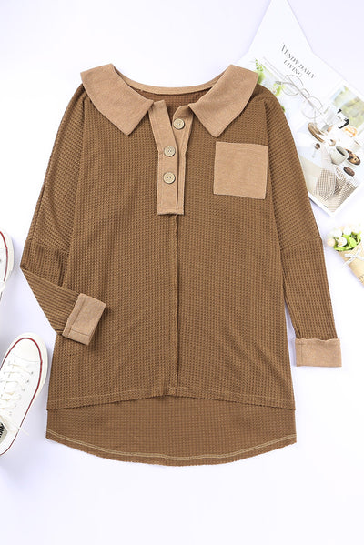 Brown Waffle Knit Buttoned Long Sleeve Top-Tops-MomFashion