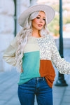 Leopard Patchwork Color Block Ribbed Long Sleeve Top-Tops-MomFashion