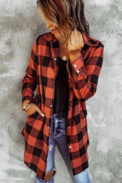 Fiery Red Turn-down Collar Plaid Shirt Coat-Outerwear-MomFashion