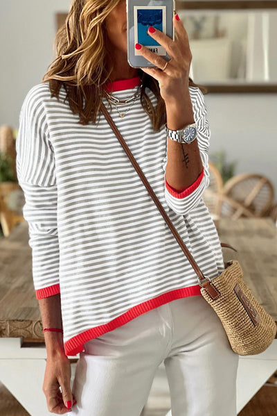 Gray Contrast Trimmed Striped Drop Shoulder Sweater-Tops-MomFashion