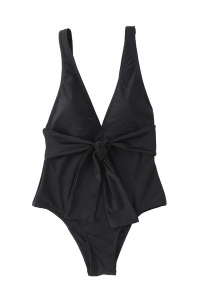 Black Deep V Neck Tie Waist One-piece Swimsuit-Swimwear-MomFashion