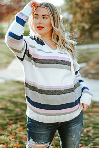 Stripe Plus Size Striped Hooded Knit Sweater-Plus Size-MomFashion