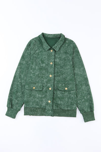 Green Vintage Washed Flap Pocket Button Shacket-Outerwear-MomFashion