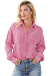 Pink Mineral Wash Crinkle Textured Chest Pockets Shirt-Tops-MomFashion