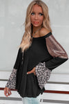 Black Sequin Patchwork Bell Sleeve V Neck Tunic Top-Tops-MomFashion