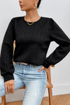 Black Cable Textured Puff Sleeve Sweatshirt-Tops-MomFashion