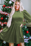 Moss Green Frilled Neck Smocked Bodice Velvet Dress-Dresses-MomFashion