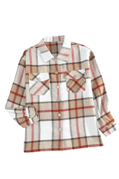 Khaki Plaid Print Buttoned Shirt Coat with Pocket-Outerwear-MomFashion