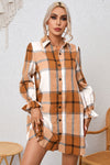 Khaki Plaid Pattern Collared Neck Ruffled Sleeve Shirt Dress-Dresses-MomFashion