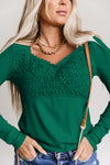 Green Lace Crochet V Neck Long Sleeve Top-Tops-MomFashion