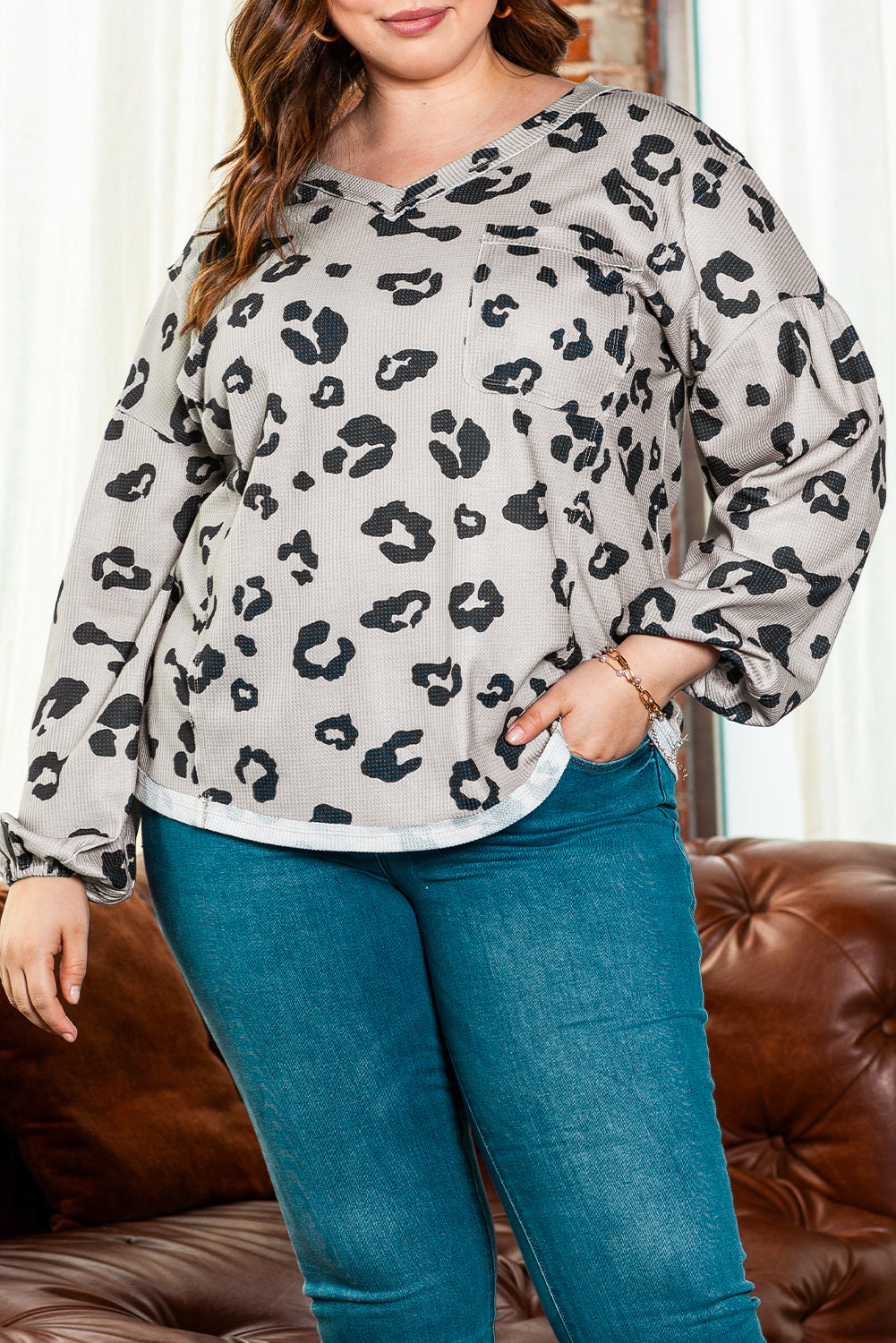 Gray Printed Leopard Balloon Sleeve Thermal Knit Plus Size Top-Plus Size-MomFashion