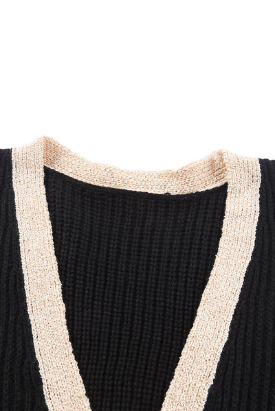 Black Contrast Trim Open Front Lantern Sleeves Cardigan-Tops-MomFashion