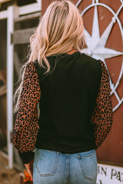 Black Leopard Print Long Sleeve Ribbed Knit Blouse-Tops-MomFashion