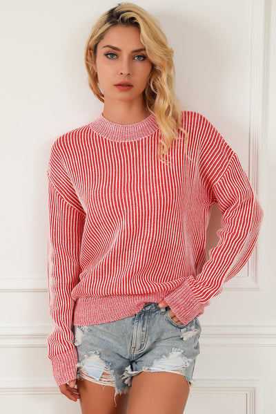 Striped Print Ribbed Trim Round Neck Sweater-Tops-MomFashion